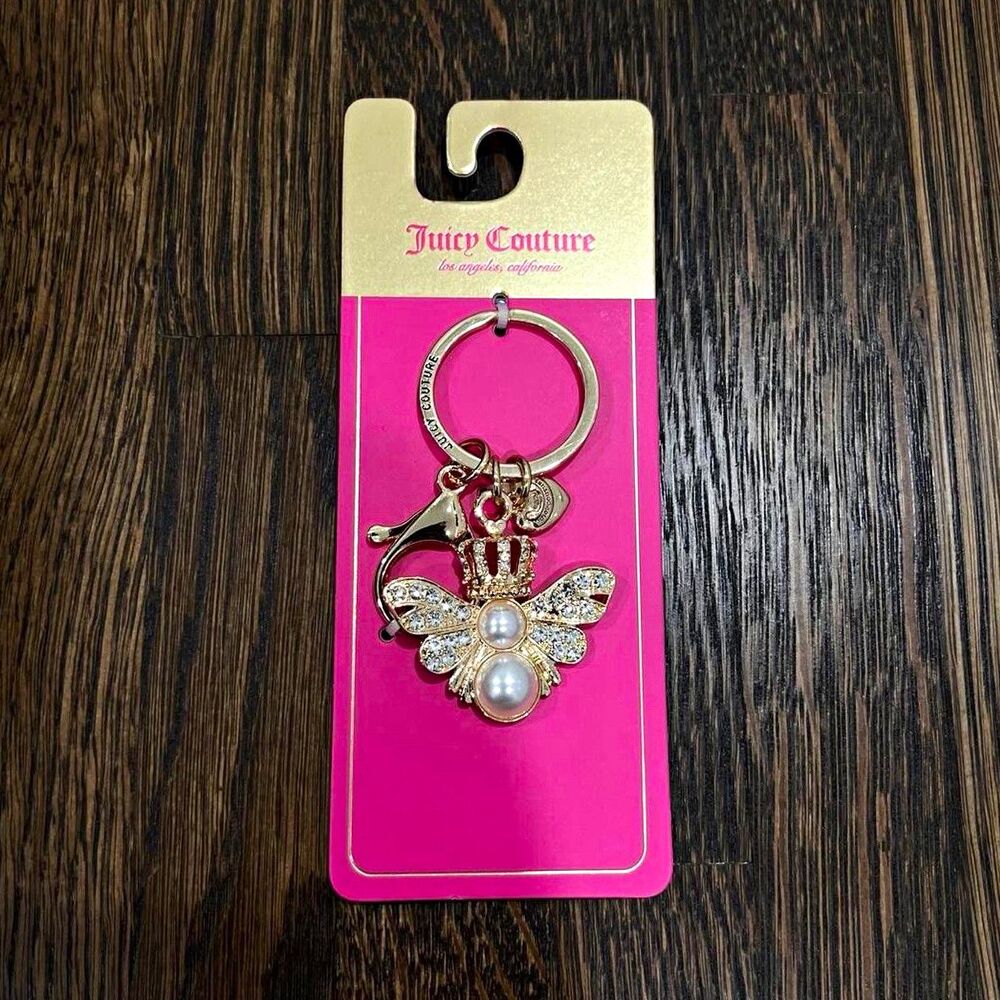 Juicy Couture Bee Crown Butterfly Key Chain Gold Rhinestone Keyring Bag Charm